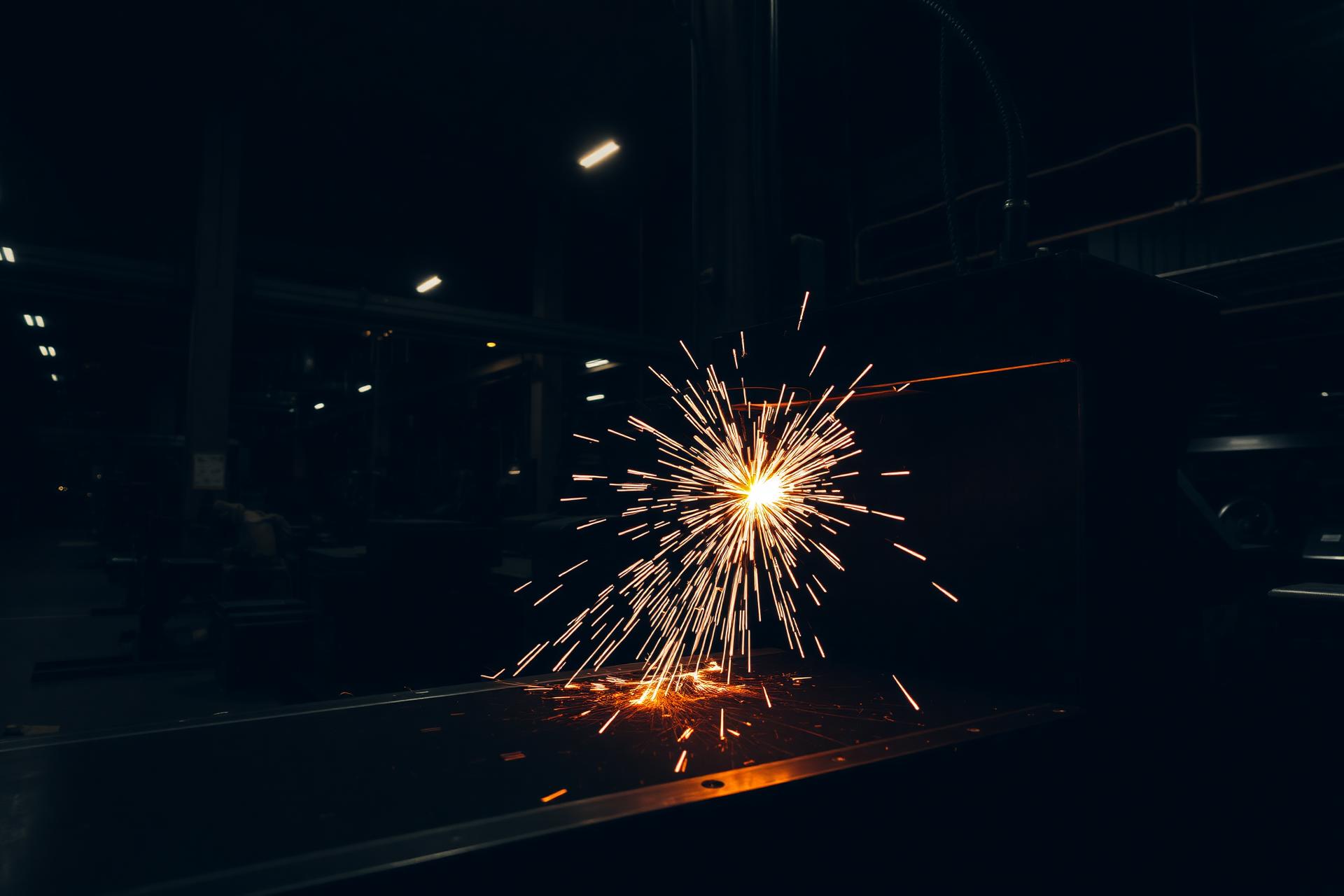 Premium gym equipment manufacturing factory with sparks and dramatic gold lighting